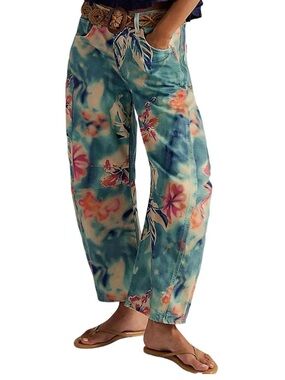Floral Print Blue & Coral Barrel Pants